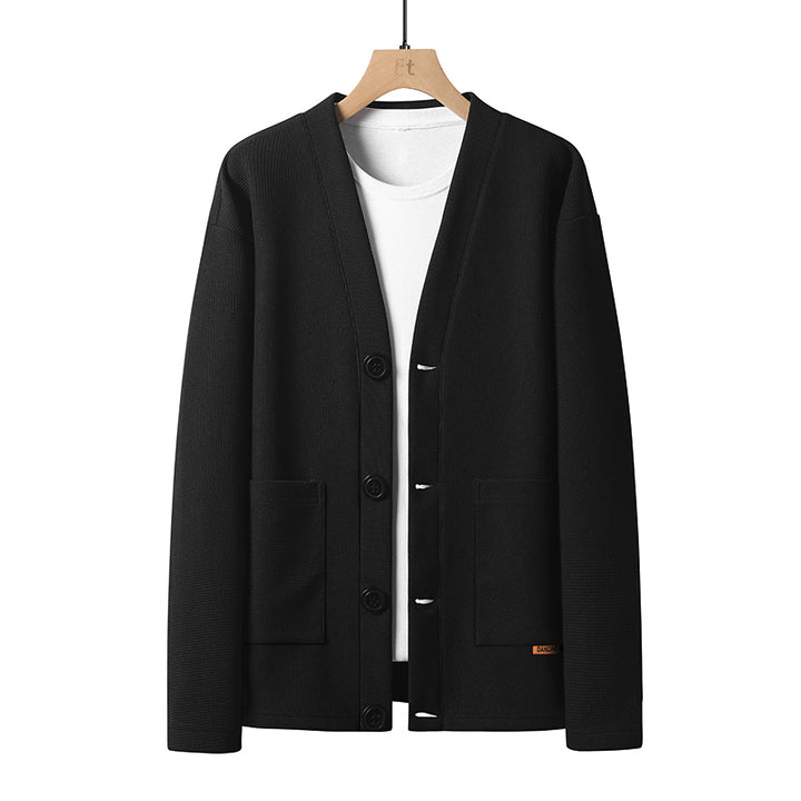 Men's lightweight knit cardigan with V-neck, button placket, and patch pockets Mune Fashion