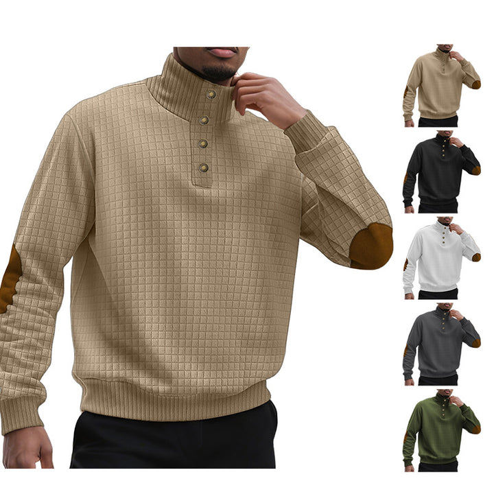 Men's plaid quilted sweatshirt with Henley placket, high stand-up collar, and velour elbow patches Mune Fashion