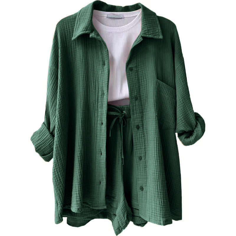 Women's casual oversized shirt and shorts set with chest pocket, drawstring, and brushed cotton texture Mune Fashion