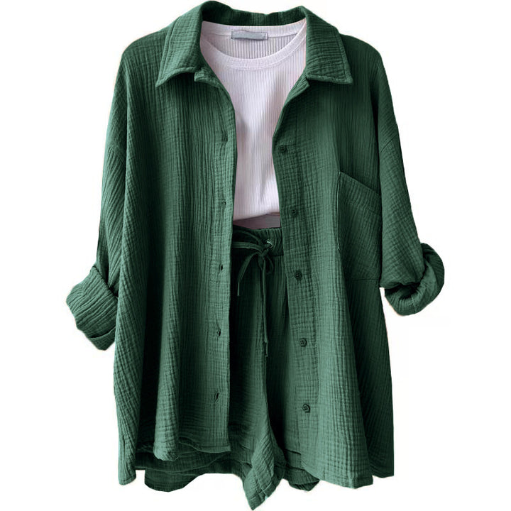 Women's casual oversized shirt and shorts set with chest pocket, drawstring, and brushed cotton texture Mune Fashion