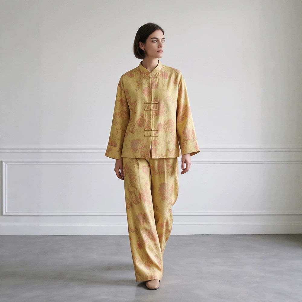 Womens Two-Piece Jacquard Set with Mandarin Collar and Wide Cut Trousers Mune Fashion