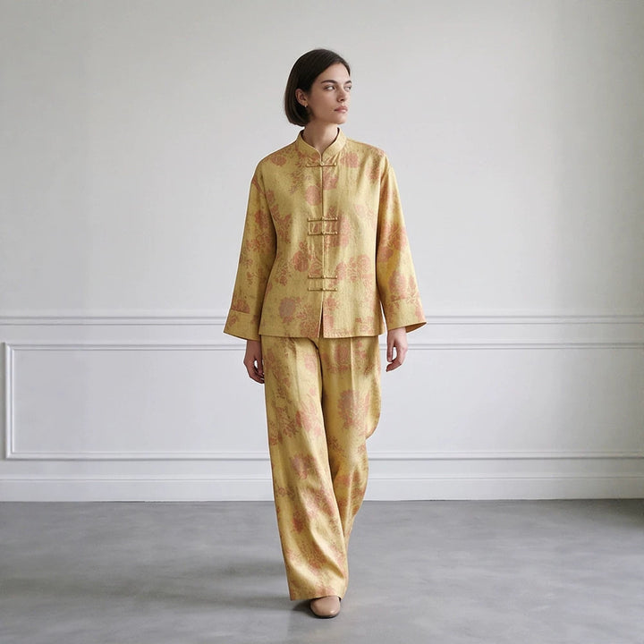 Womens Two-Piece Jacquard Set with Mandarin Collar and Wide Cut Trousers Mune Fashion