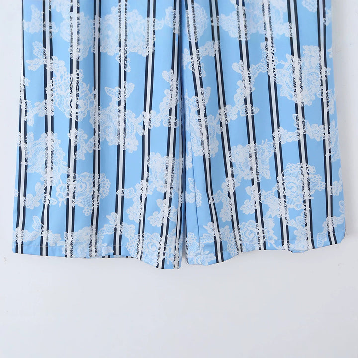Ladies' wide Palazzo pants with elastic waistband, drawstring, and floral lace look Mune Fashion