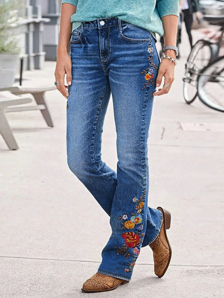 Women's Bootcut Jeans with Side Floral Embroidery and Comfortable Stretch Waistband Mune Fashion