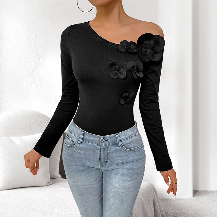 Women's figure-hugging one-shoulder bodysuit with long sleeves and 3D flowers