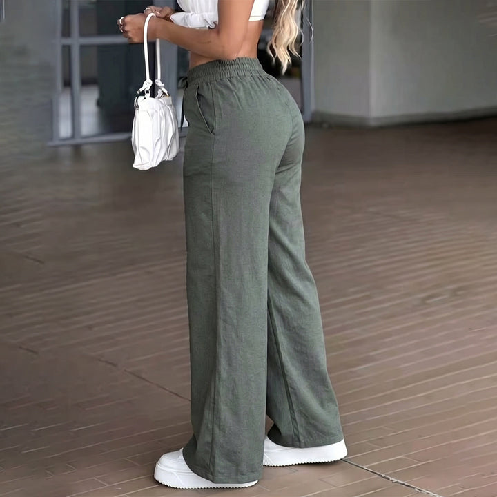 Women's wide High-Waist linen trousers with elastic drawstring waistband and side pockets Mune Fashion