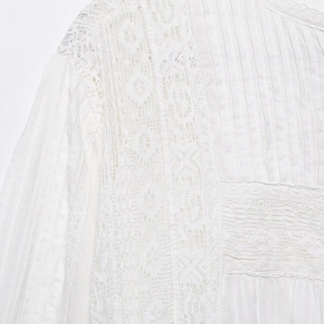 Women's lace blouse with pleat and lace trim, button placket and balloon sleeves Mune Fashion