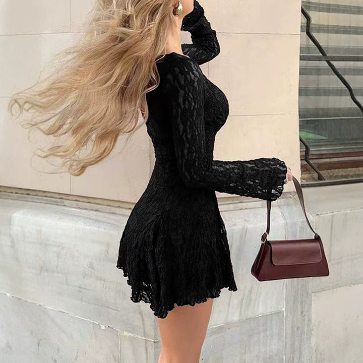 Women Figure-Hugging Mini Dress with Deep V-Neck and Structured Lace Drune