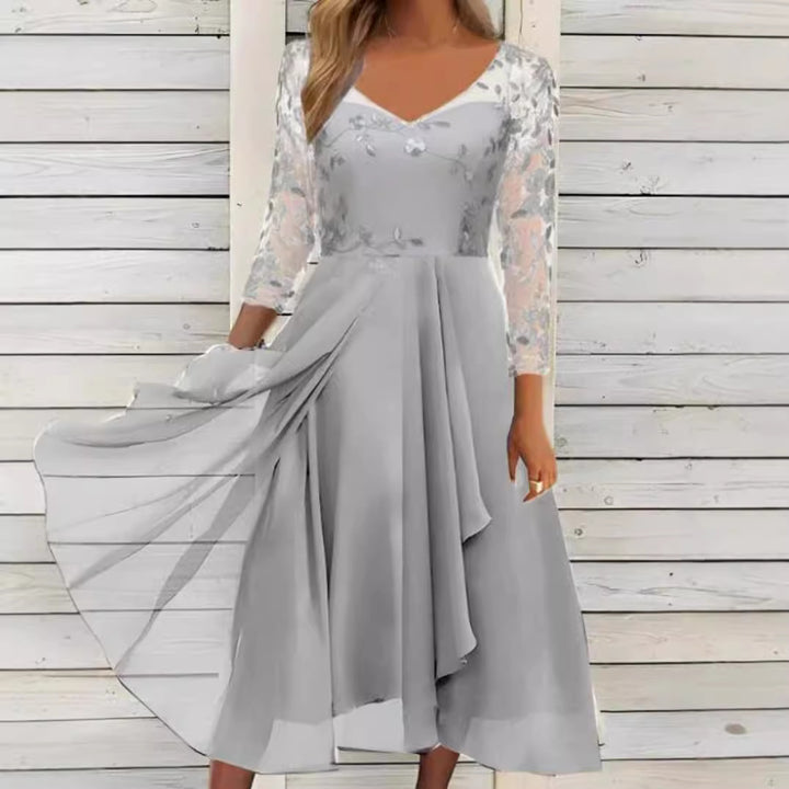 Women's V-neck chiffon midi dress with embroidered bodice, transparent three-quarter sleeves, and asymmetric layered skirt Mune Fashion