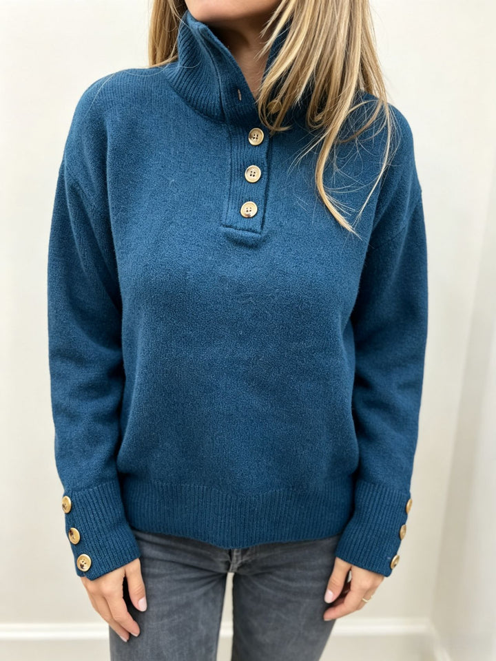 Women's knit sweater with high button collar, decorative front placket and decorative buttons Mune Fashion