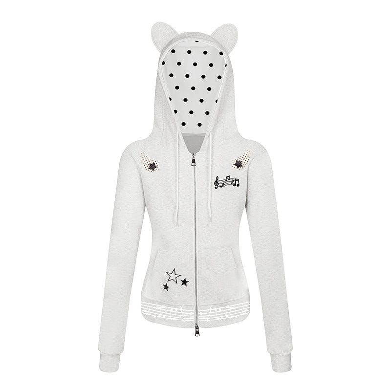 Women's hooded sweat jacket with bear ears, zipper, musical print and polka lining Mune Fashion