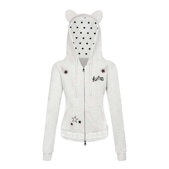 Women's hooded sweat jacket with bear ears, zipper, musical print and polka lining Mune Fashion