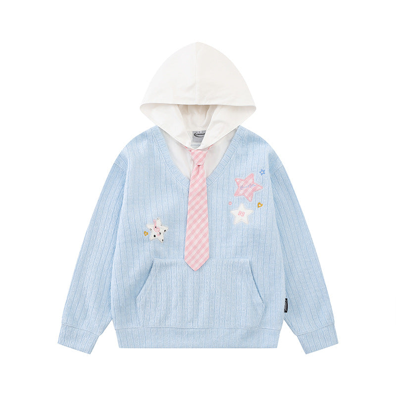 Women's hoodie with V-neck, attached tie application and star patches Mune Fashion