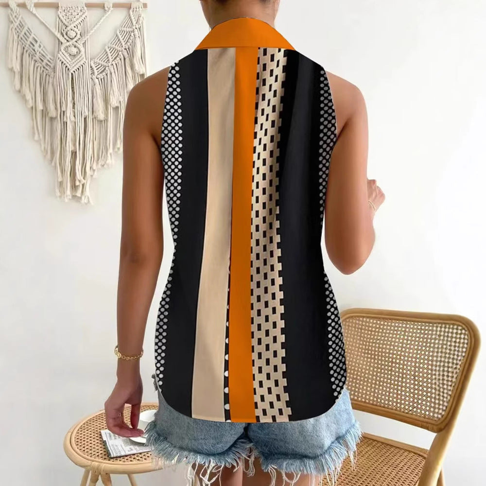 Women's sleeveless shirt top with pointed collar, contrasting button placket and geometric dot and stripe pattern Mune Fashion