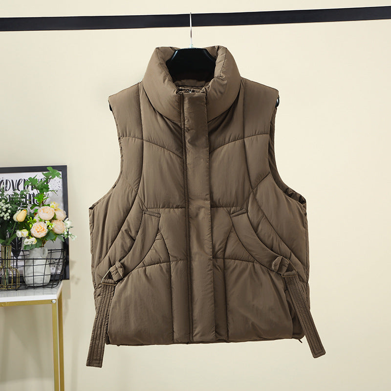 Women's Voluminous Sleeveless Down-Look Vest with Wide Stand-Up Collar and Side Gathered Straps Mune Fashion