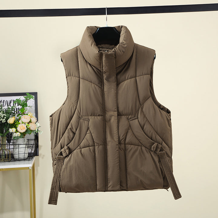 Women's Voluminous Sleeveless Down-Look Vest with Wide Stand-Up Collar and Side Gathered Straps Mune Fashion