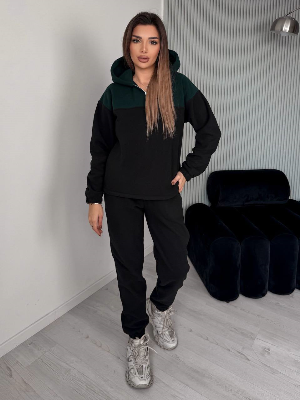 Women Two-Piece Color Block Loungewear Set with Half Zipper and Slim Jogging Pants Mune Fashion