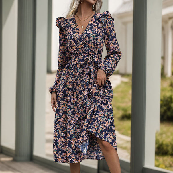 Women’s Wrap Midi Dress with V-Neck, Ruffle Shoulders & Waistband Mune Fashion
