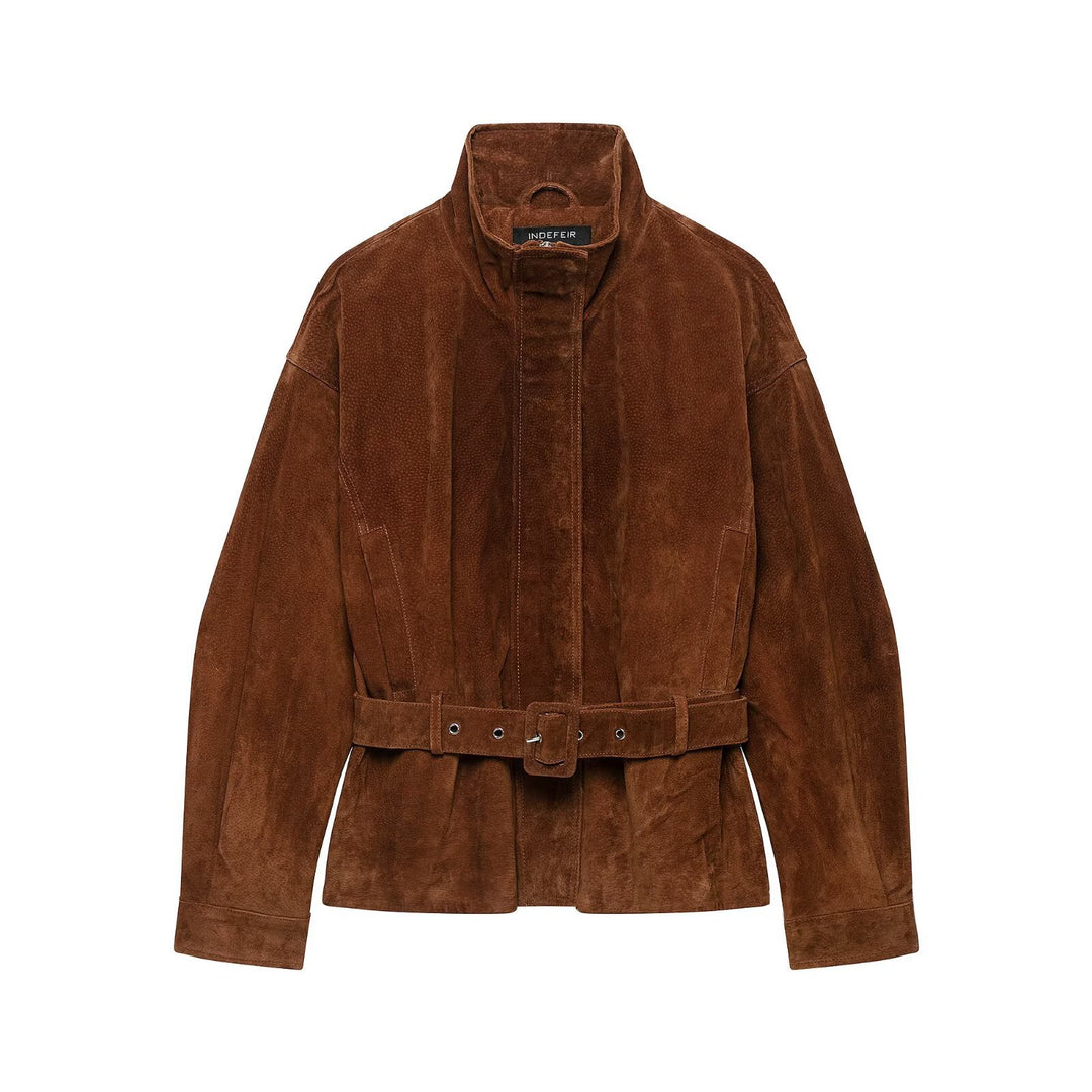 Women’s waist-hugging suede leather trench coat with stand-up collar and wide tie belt Mune Fashion