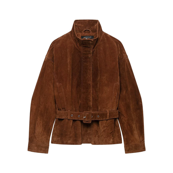 Women’s waist-hugging suede leather trench coat with stand-up collar and wide tie belt Mune Fashion