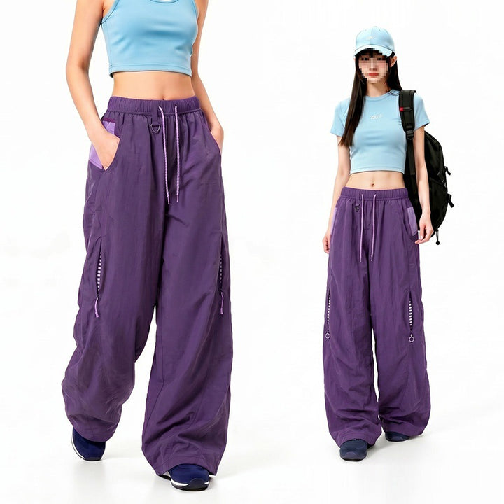 Women's Oversize Tech Lounge Pants with Contrast Seams, Reflective Zipper Pockets & Drawstring Waist Mune Fashion