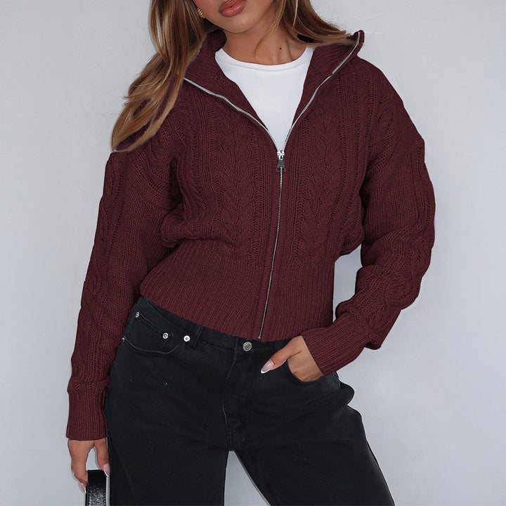 Women's cropped braid knit cardigan with full zipper, stand collar, and balloon sleeves Mune Fashion