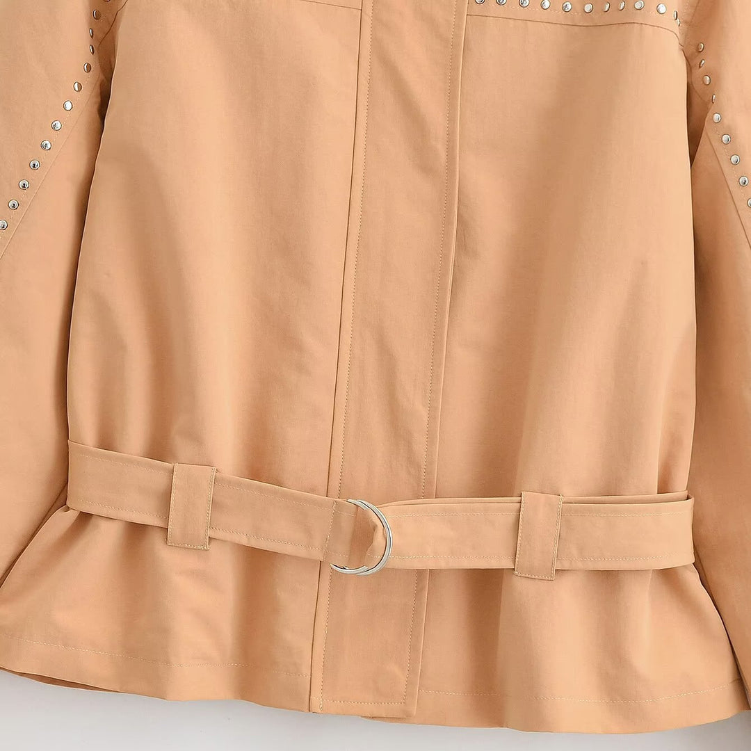 Ladies short jacket with studded details, stand-up collar and waist belt Mune Fashion
