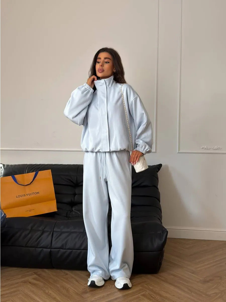 Women cropped zip hoodie with stand-up collar and high-cut cord jogging pants Mune Fashion
