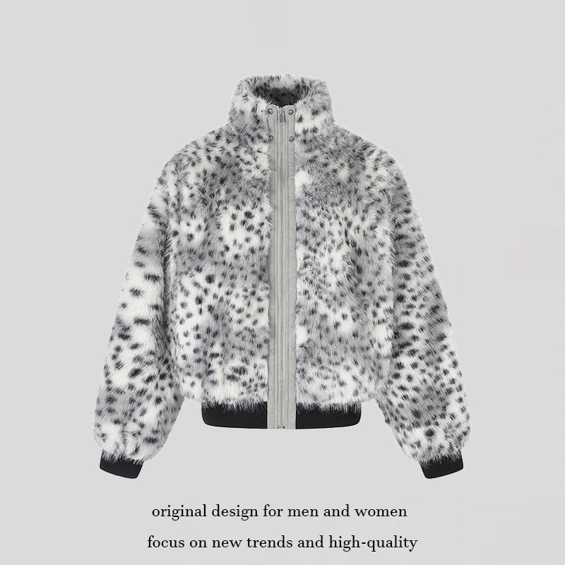 Women's Cropped Faux Fur Bomber Jacket with High Stand-Up Collar, Polka Dot Leopard Pattern, and Ribbed Hem Mune Fashion
