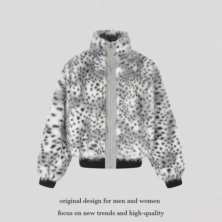 Women's Cropped Faux Fur Bomber Jacket with High Stand-Up Collar, Polka Dot Leopard Pattern, and Ribbed Hem Mune Fashion