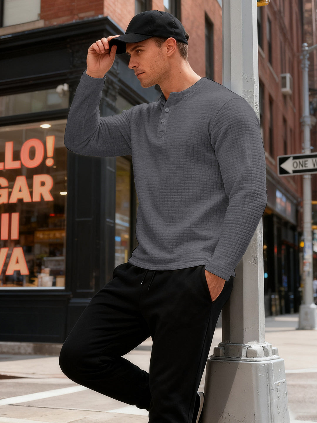 Men's structured Henley long sleeve shirt made of waffle knit with stand-up collar and narrow silhouette Mune Fashion