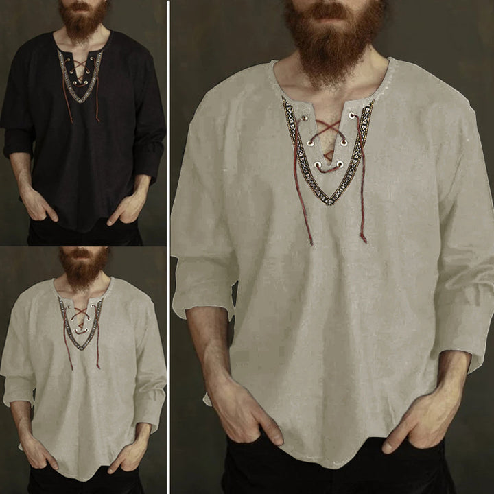 Men's linen tunic shirt with lacing and ethnic border Mune Fashion