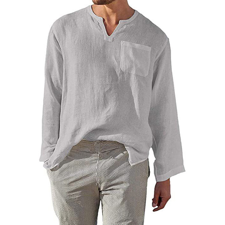 Men's Linen Long Sleeve Shirt with Henley Neckline and Chest Pocket Mune