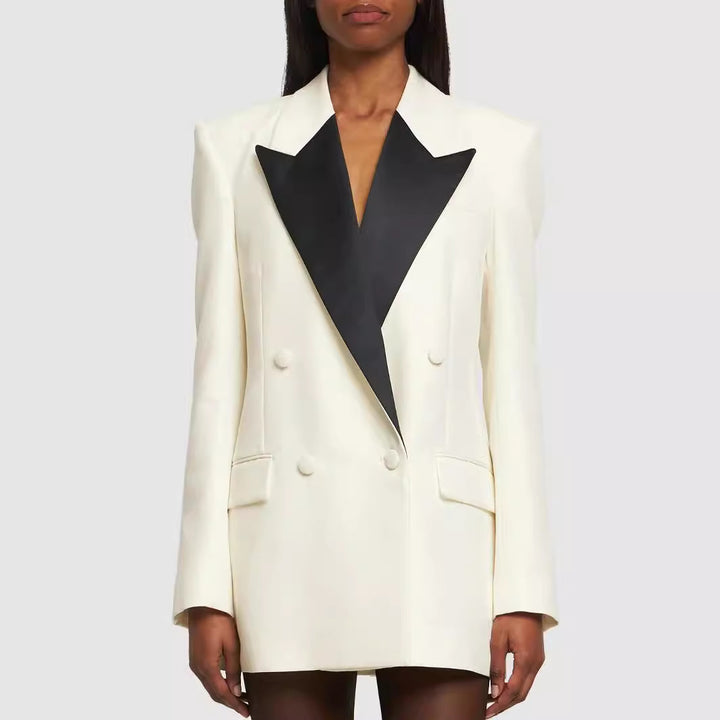 Women Double-Breasted Blazer Coat in Tuxedo Style with Contrasting Shawl Collar Mune Fashion