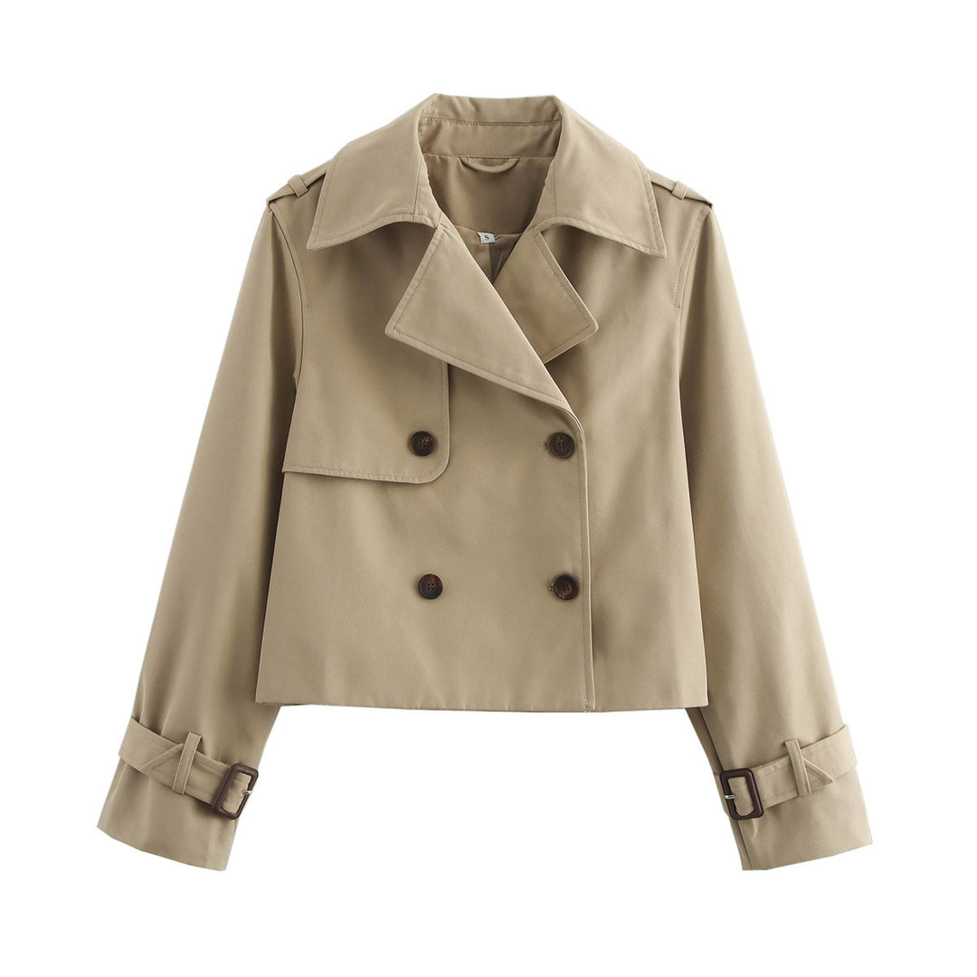 Ladies Cropped Trench Coat in Boxy Cut with Double Breasted and Cuff Straps Mune Fashion