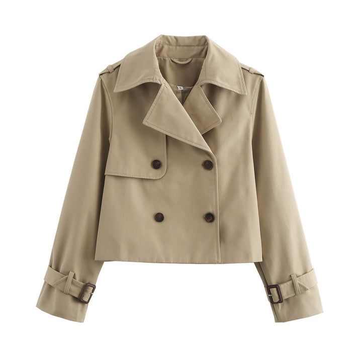 Ladies Cropped Trench Coat in Boxy Cut with Double Breasted and Cuff Straps Mune Fashion