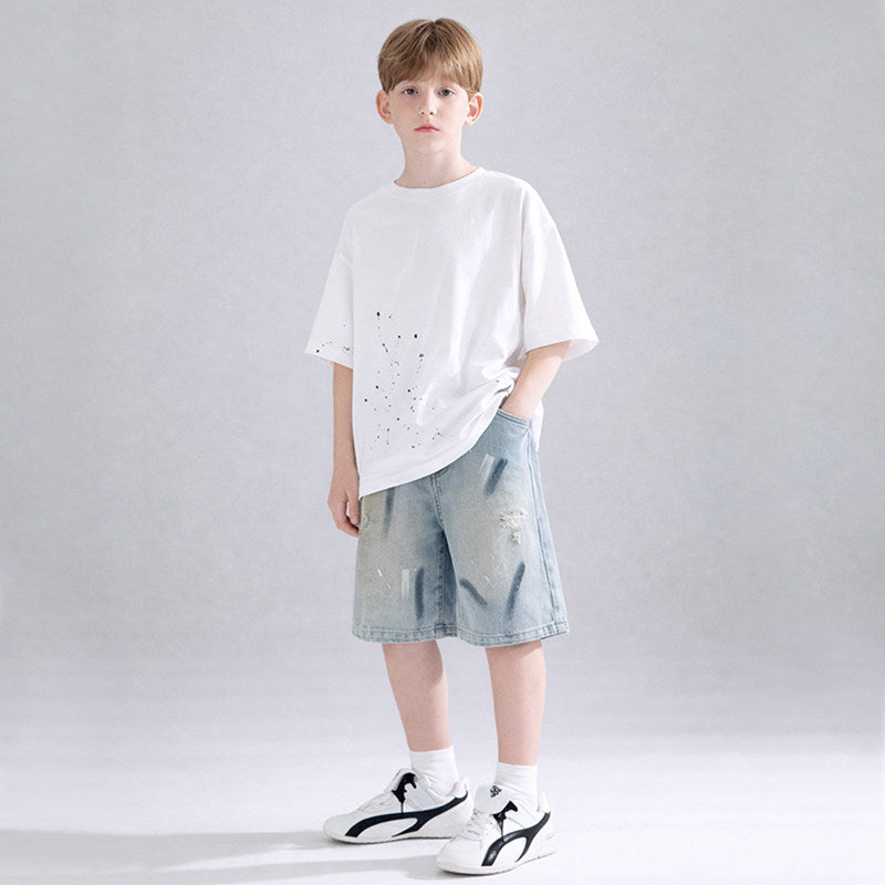 Unisex loose Denim Shorts with unique wash and abrasion style Mune Fashion