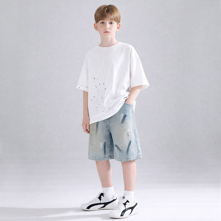 Unisex loose Denim Shorts with unique wash and abrasion style Mune Fashion