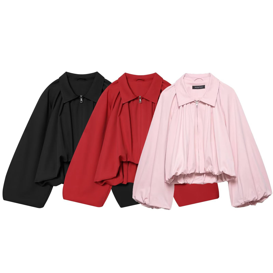 Women's short cut blouson jacket with wide balloon sleeves, zipper, and elastic hem Mune Fashion