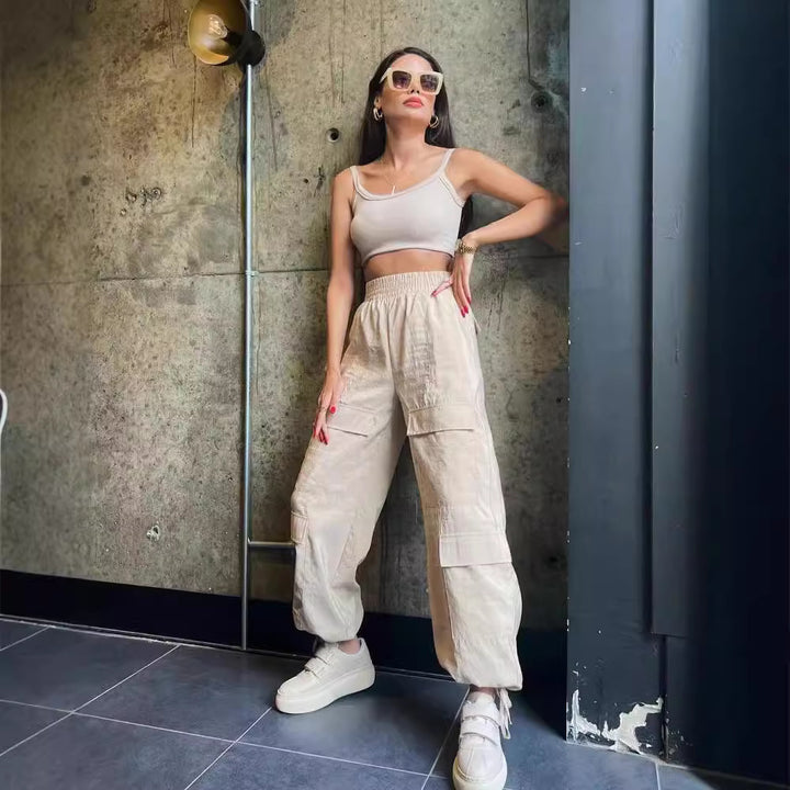 Women's cargo harem pants with high elastic waist and patch flap pockets Mune Fashion