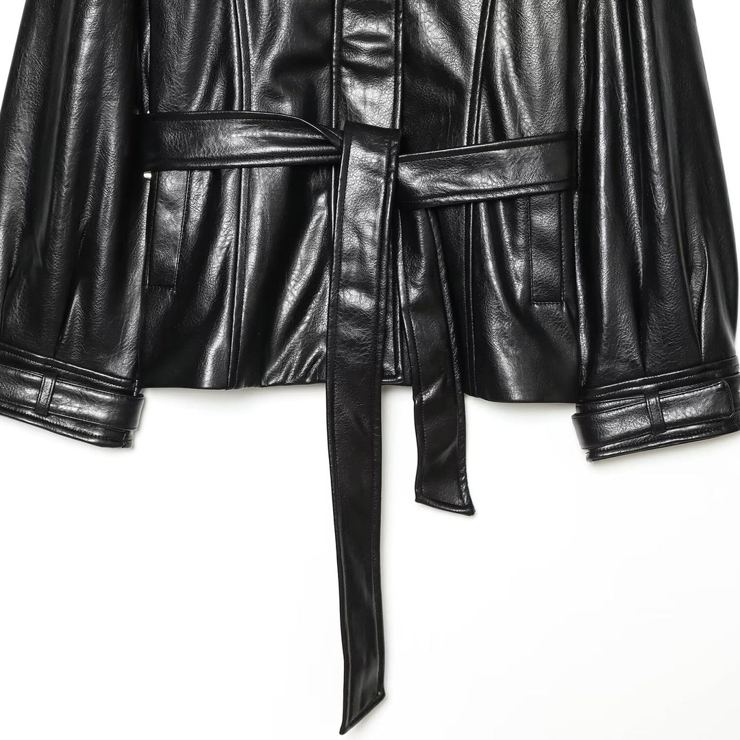 Women's Faux Leather Short Coat with High Stand Collar, Waist Tie Belt and Seams Mune Fashion