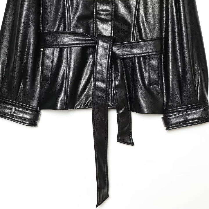 Women's Faux Leather Short Coat with High Stand Collar, Waist Tie Belt and Seams Mune Fashion