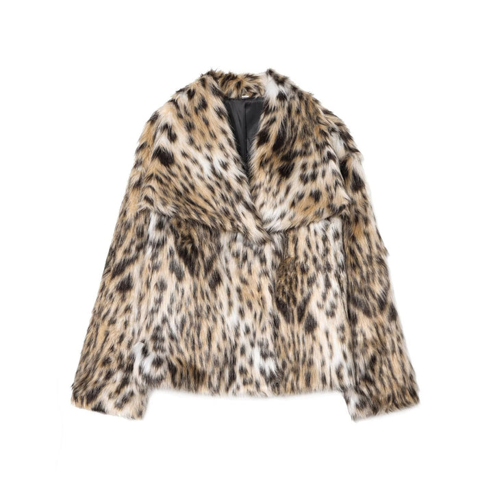 Ladies nan short faux fur jacket with animal pattern, V-neck and fitted silhouette Mune Fashion
