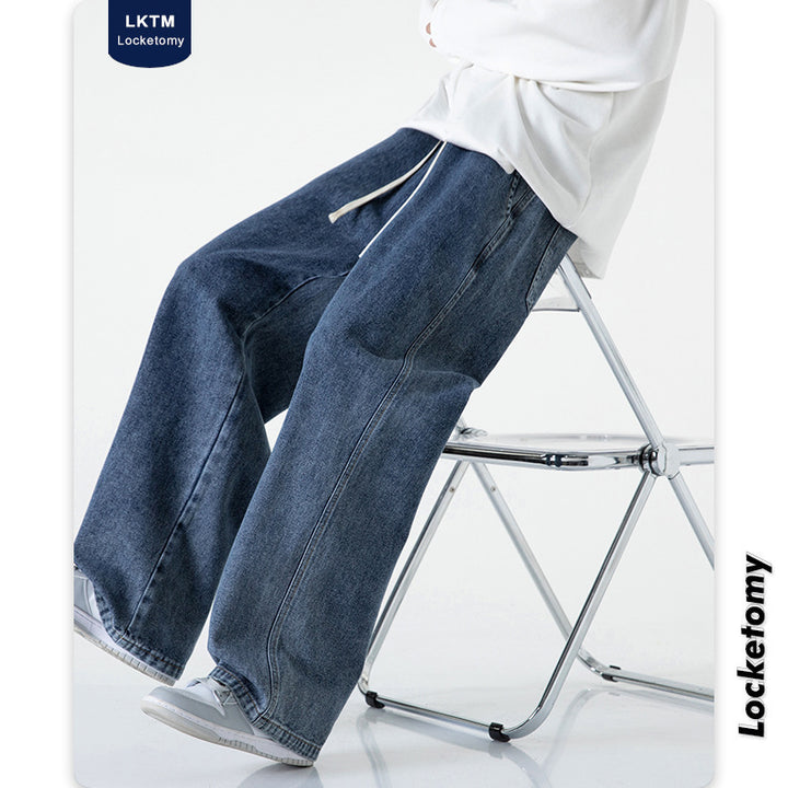 Men's Wide-Leg Denim Baggy Pants with Drawstring Waistband and Straight Hem Mune Fashion