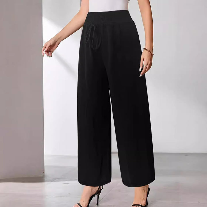 Women's Wide Linen Look Palazzo Pants with High Smocked Band, Drawstring and Side Pockets Mune Fashion