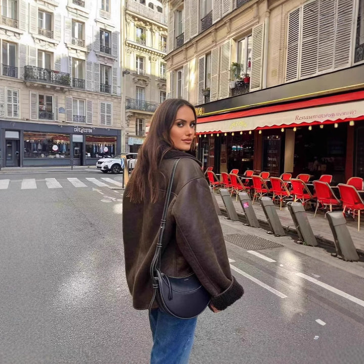 Women Short Jacket in Lambskin Look with Teddy Lining and Button Placket Mune Fashion