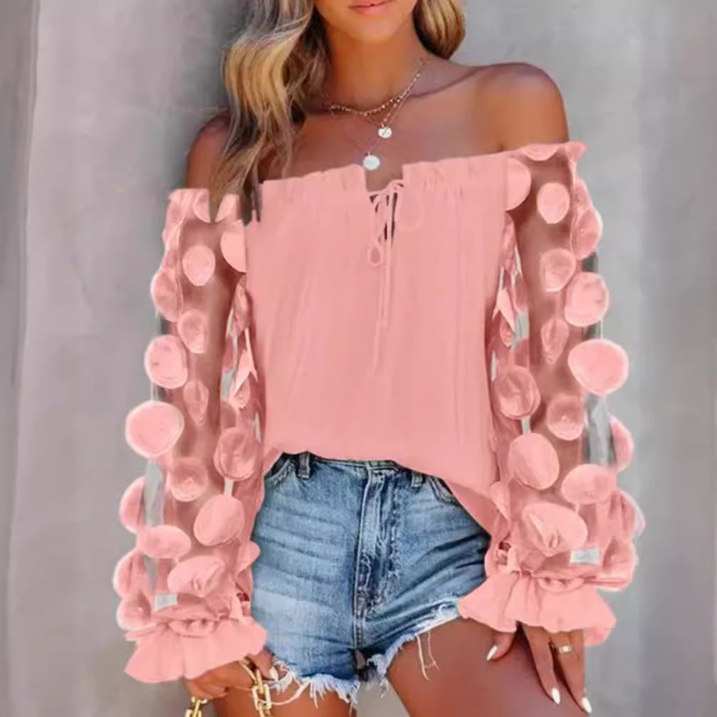 Women off-shoulder Carmen top with transparent organza sleeves, circular appliqués and ruffle cuffs Mune Fashion