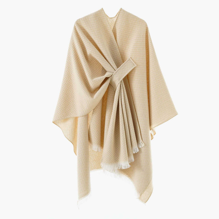 Women's Reversible Wool Mix Poncho with Houndstooth Jacquard and Ties Belt Mune Fashion