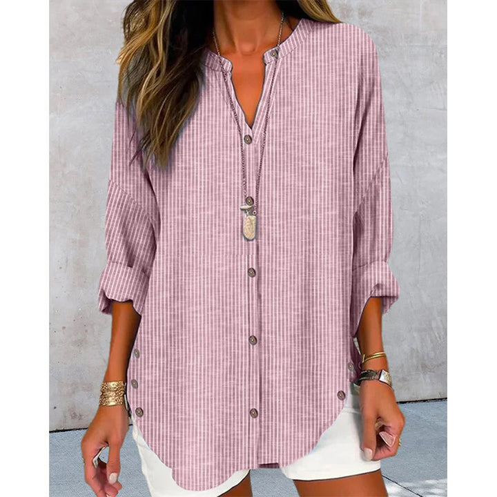 Ladies Oversize Linen Look Tunic Blouse with Stand Collar and Button Placket Mune Fashion