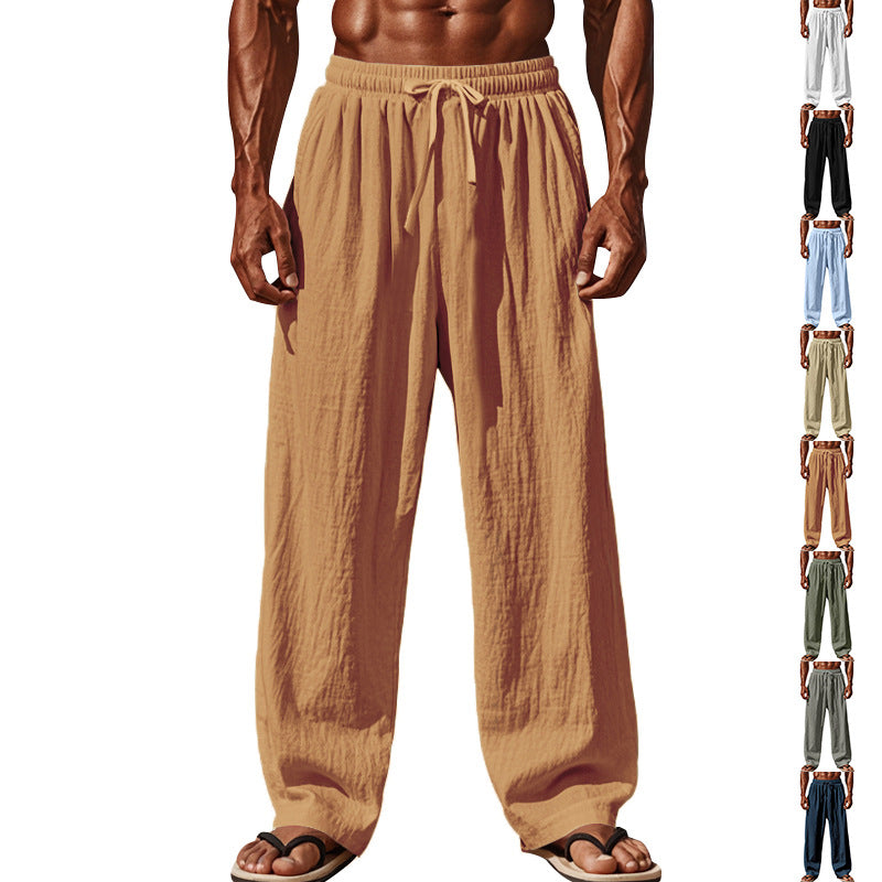 Men's loose linen lounge pants with elastic drawstring waistband, cord drawstring, and straight leg Mune Fashion
